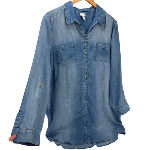 Chico's Chambray Dress Womens Petite XL XLp Blue Coastal Button Up Roll Tab - Picture 3 of 8